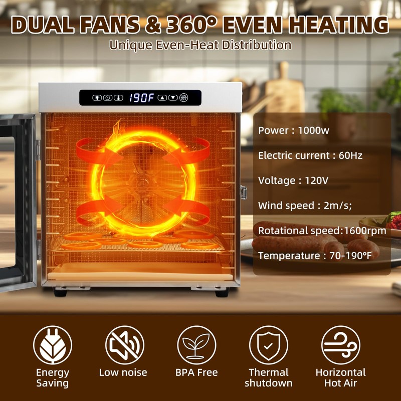 Food-Dehydrator Machine 9 Stainless Steel Trays, 1000W Fruit Dehydrator,7.7ft² Meat