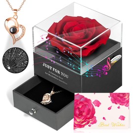 ADDWel Eternal Rose Box with 'I Love You' Necklace in 100 Languages and 'You Are My Sunshine' Music Box. Durable, Preserved Real Rose Mum, Grandma, Wife, Girlfriend