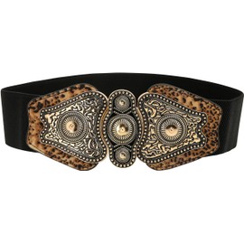 BlackButterfly Wide Elastic Stretch Vintage Antique Retro Buckle Belt (Black - Leopard, XXL)