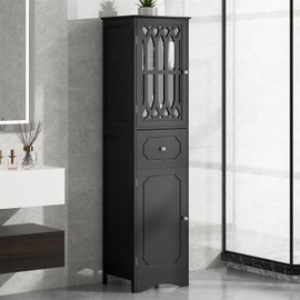 Polibi Home Freestanding Tall Linen Tower, Storage Cabinet with Adjustable Shelves Drawer and Door for Bathroom Living Room, Black