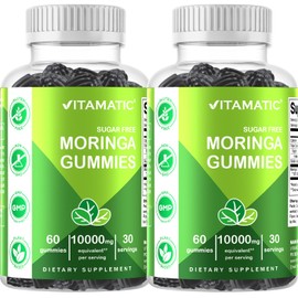 Vitamatic 2 Packs Sugar Free Moringa Gummies- 10000 mg Equivalent Per Serving (from 50:1 Extract 200 mg)- Complete Green Superfood 20X Extract - 60 Pectin Based Gummies