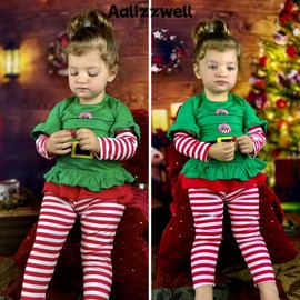 Aalizzwell 4T - 5T Toddler Girls Christmas Clothes Xmas Ruffle Elf Tunic Pants Outfit