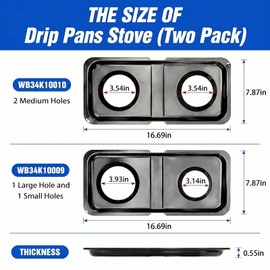 WB34K10009 WB34K10010 Gas Stove Drip Pans Compatible with GE Hotpoint Range, 16.6 x 8 in Black Stainless Steel Double Burner Drip Bowls, Right Left Cooktop Replacement Parts, 2 Pack
