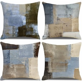 QUALKNOY Set of 4 Cushion Covers 18"x18" Navy Blue Brown Modern Abstract Art Boho Decorative Throw Pillow cases 45 x 45cm for Sofa Living Room Garden Outdoor Home Decor Pillowcases