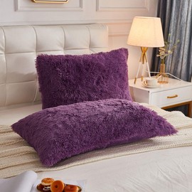 LIFEREVO 2 Pack Shaggy Plush Faux Fur Decorative Throw Pillow Cover Velvety Soft Cushion Case (Purple, Standard Queen)