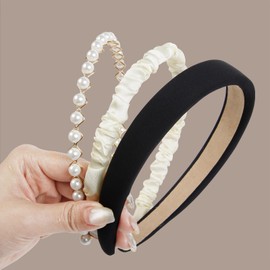 DIELOVEHUA Pack of 3 Girls' Headbands, Pearl Headband, Girls Wide Headband, Non-Slip Headbands, Headband Set for Women, for Birthday, Wedding, Party, Valentine's Day, Black
