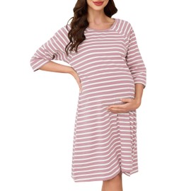 Vlazom Women 3 in 1 Cotton Nursing/Delivery/Labor/Maternity Nightgown Half Sleeve Breastfeeding Sleep Dress Hospital Gown Sleepwear with Buttons Pink Stripes,L