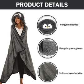 Portable Penguin Gifts Blanket, Fluffy Blanket with Sleeves and Hood, Gifts for Women, Flannel Sofa Blanket, Warm Fluffy and Soft, Gifts for Women (150 x 125 cm)