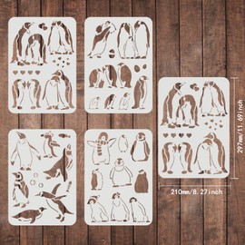 FINGERINSPIRE 4 Pieces Penguin Stencils 29.7 x 21 cm Antarctic Penguins Stencil for Painting, Penguin Pattern, Reusable Stencil for Painting on Wood, Canvas and Paper