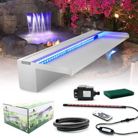 LONGRUN Pool Fountain Stainless Steel Outdoor Pond Spillway Waterfall with Wider Water Flow Platform Multi-Color LED Light Spray Indoor Waterfall Fountains for Garden-11.8" x 8" x 3.94"(W x D x H)