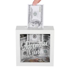 UMICAL 6x6 Inch Adventure Fund White Shadow Box Frame Display Case Decorative Wooden Money Savings Bank Travel Fund Box Memory Box with World Map Background