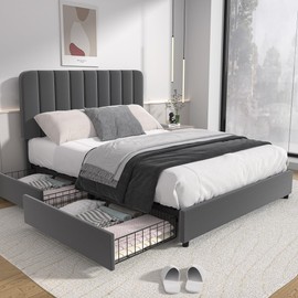 VECELO Full Size Upholstered Bed Frame with 4 Drawers and Headboard, Velvet Platform Storage Bedframe, Wooden Slats Support, No Box Spring Needed,Dark Grey