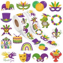 A1diee Happy Mardi Gras Stickers - 1000Pcs in 2 Rolls Carnival Orleans Mask Self-Adhesive Decal Clown Sticker Gifts for Masquerade Party Water Bottle Tumbler Bumper Laptop Car Truck Decor Scrapbooking