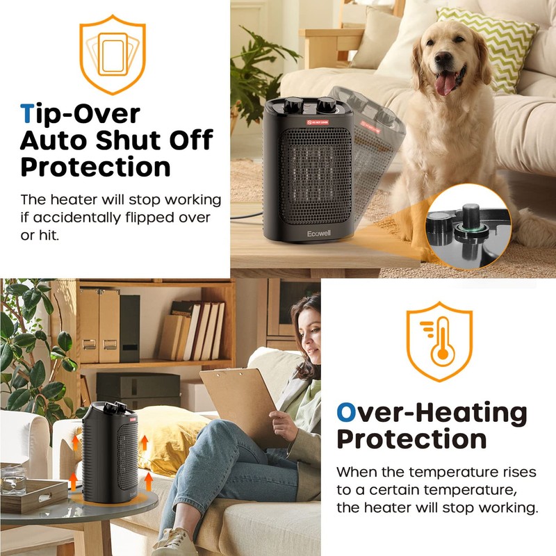 ECOWELL 1500W Portable Space Heater for Indoor Use, 60°Oscillating,Small Electric