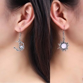 Allereya Vintage Moonstone Sun Drop Earrings Opal Moon Dangle Earrings Opal Sunburst Drop Earrings Silver Asymmetrical Earrings Jewelry for Women and Girls