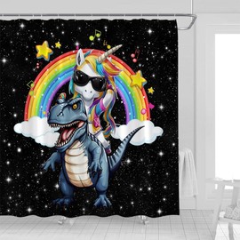 Funny Unicorn Riding Dinosaur Shower Curtain Cute Magic Fantasy Cartoon Animal Rainbow Cloud Mysterious Outer Space Universe Galaxy Fabric Bathroom Decor Curtains with Hooks,70 x 70