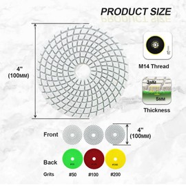 SANLEETEK Wet Diamond Polishing Discs - 12 Pieces 100 mm Diamond Polishing Pad Grit 50 x 4/100 x 4/200 x 4 with M14 Support Plate + Adapter for Granite Marble Artificial Stone Quartz for Angle Grinder
