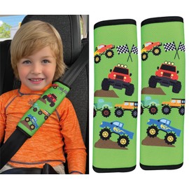 HECKBO 2 x Children's Car Seat Belt Pads with Monster Truck Motif, Seat Belt Pad for Children and Babies, Ideal for Any Strap, Car Seat Raisers, Children's Bicycle Trailer, Aeroplane Boys