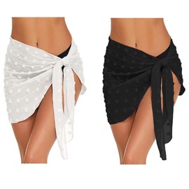 2 pezzi Pareo Donna Spiaggia - Bikini Rock, telo mare donna con frange, chiffon sarong per gonna da spiaggia e giardino | nero/bianco