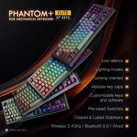 TECWARE Phantom+ Elite 87 Key RGB Mechanical Gaming Keyboard, LED Backlit, Universal Hot-Swap, Wired and Wireless, 3 Mode Connectivity, Thocky Sounding, Black Elite Wraith Pink