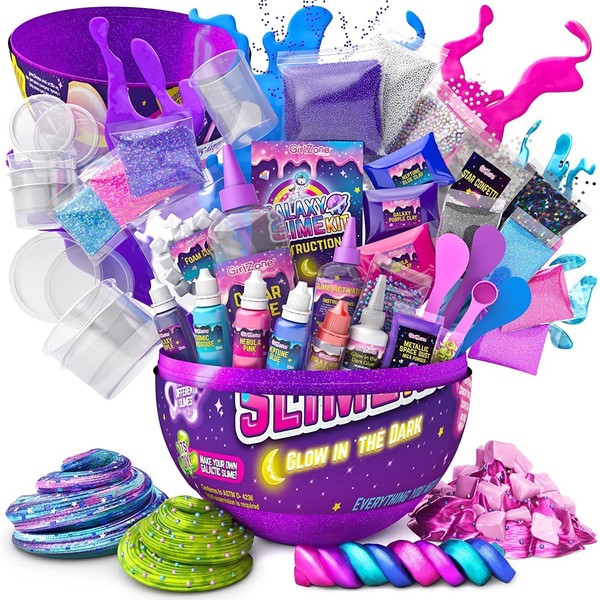 GirlZone Egg Surprise Galaxy Slime Kit for Girls, 41 Pieces to Make Glow in The Dark Slime, DIY Slime with Lots of Fun Glitter Slime Add Ins, Great Gift Idea and Slime Kits for Girls 10-12