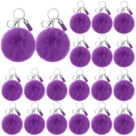 Nosiny 20 Pcs Cheer Faux Pom Pom Keychain Gifts Bulk with Tassel Cheerleading Keyring Charm Gift Cheer Team Sport Accessory(Purple)