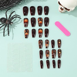 Dark Brown Press on Nails Medium Coffin Fake Nails with Pumpkin Acorns Maple Leaves Design Thanksgiving Glue on Nail Full Cover False Nails Reusable Autumn Acrylic Nail for Women 24Pcs