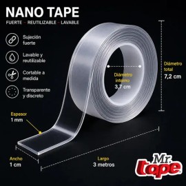 Cinta Nano Tape Doble Cara Mr Tape Adhesiva Trasparente 3mts 1cm 1mm Lavable A Prueba de Agua NTP-001                                                 