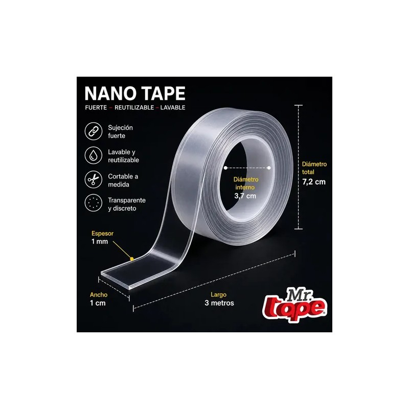 Cinta Nano Tape Doble Cara Mr Tape Adhesiva Trasparente 3mts