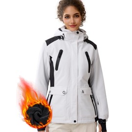 FREE SOLDIER Women's Waterproof Ski Snow Jacket Warm Fleece Lined Winter Rain Jacket with Hood Fully Taped Seams White Black