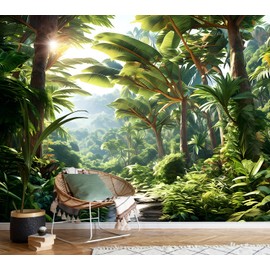 AFZEVEB-Green Tree Wall Mural Tropical Jungle Wallpaper for Bedroom 114"x74"(Not Peel and Stick)