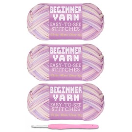 3x50g Beginners Pink Purple Yarn, 260 Yards Pink Purple Yarn for Crocheting Knitting, Easy-to-See Stitches, Worsted Medium #4, Chunky Thick Cotton Nylon Blend Yarn Yarn for Crocheting
