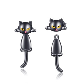 HUKKUN Black Cat Earrings Sterling Silver Cat Earrings Animal Earring Jacket Jewelry Gifts for Women, No Gemstone