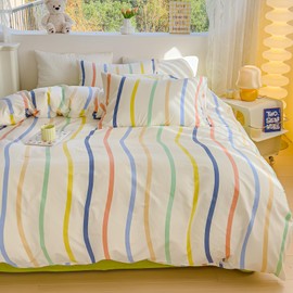 BlueBlue Striped Duvet Cover Set Twin 100% Cotton Bedding for Kids Boys Girls Teens Rainbow Stripe Pattern on White 1 Abstract Geometric Comforter Cover 2 Pillowcases, Twin