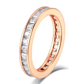 LOVECORE 3mm 14K Gold Plated Round Cubic Zirconia Full Faux Diamond Classic Vintage Chunky Stackable Dainty Engagement Rings Eternity Rings for Women for Couples for Her Size 5-9 (Rose Gold, 5)