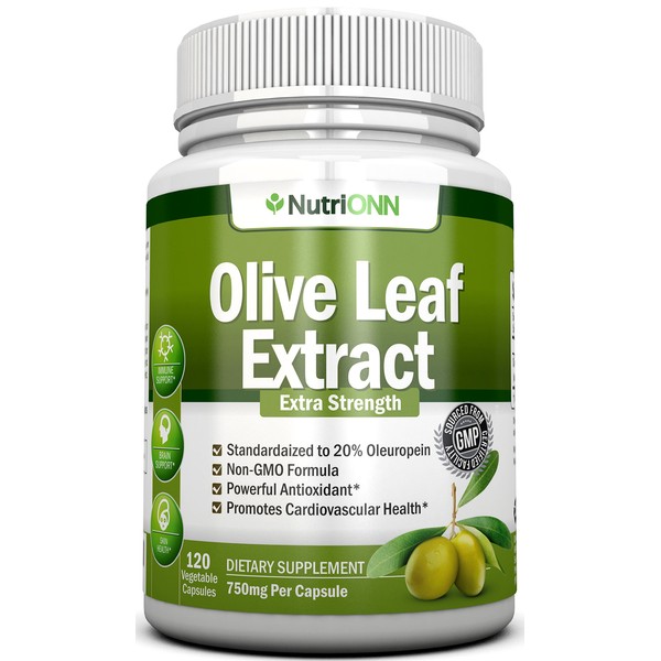 Olive Leaf Extract - 750 Mg - 120 Capsules - Extra Strength - 20% Oleuropein - Non-GMO Formula - Premium Quality from Pure Olive Leaves - Powerful Antioxidant - Great for Heart, Skin and Brain