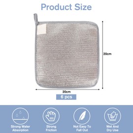 VEGCOO 6 Pcs Three-layer Hangable Wire Dishwashing Rags, 20x20cm Reusable Wire Dishwashing Rags, Non Scratch Wire Cleaning Cloths for Kitchen, Dish, Sink, Stove Top (6)