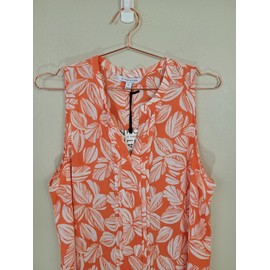 41 Hawthorn New 41 HAWTHORN XL Coral White Leaf Print Breyson Pleat Split Neck Blouse Women