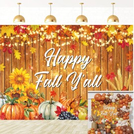 Happy Fall Y'all Backdrop Autumn Maple Leaves Pumpkin Harvest Wood Wall Photography Background Fall Festival Thanksgiving Family Party Decorations Banner Supplies Props (7x5FT)