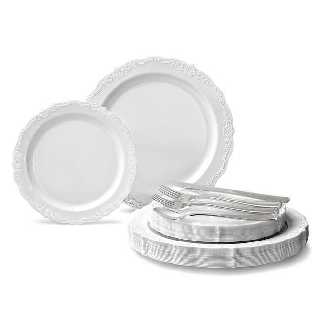 " OCCASIONS " 150 Piece set (25 Guests)-Vintage Wedding Plastic Plates & cutlery -Disposable Dinnerware 10'' , 7.5'' + Silverware w/double fork (Verona White)