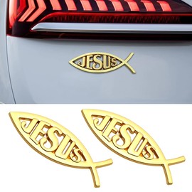2pcs Jesus Fish Decal Sticker, 3D Faith Fish Emblem Sticker, Car Chrome Decal Emblem Sticker, Christian Fish Symbol Decal for Vehicle Decoration (Gold)