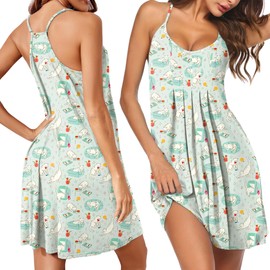 Ekouaer Women Nightgowns Sleeveless Sleepwear Spaghetti Strap Racerback Pajama Dress Nightshirt Green Cat Print L