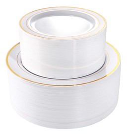 I00000 102 Pieces Gold Plastic Party Plates White Gold Rim, 51 Heavy Duty Gold Dinner Plates 10.25 Inch and 51 Disposable Dessert Appetizer Elegant Fancy Wedding Plates 7.5 Inch
