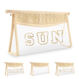 Clear Patch Sun Bag Makeup Letter Bag, Boho Preppy Letter Sun Bag for Beach Swim, Waterproof Zipper Make up Bag Toiletry Pouch for Women Girls, Clear Letter Organizer Pouch for Travel(Sun, Beige)