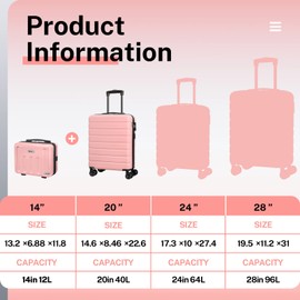 AnyZip Suitcase, 20" Carry On Luggage 14" Mini Cosmetic Cases Luggage Sets Hardside PC ABS Lightweight USB Suitcase with Wheels TSA for kids (2 Piece Set 14/20, Pink)