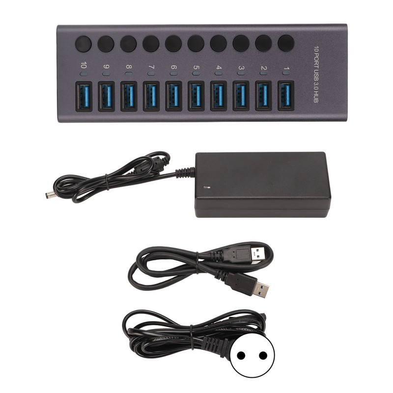 10 Port USB3.0 Hub Splitter Independent Power Supply Charging Data