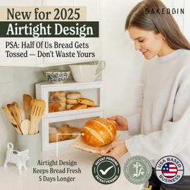 BakedBin Corner Bread Box for Kitchen Countertop - New 2026 Airtight Design - Extra Large, Double Layer White Breadbox, Vintage Storage for Homemade Bread, Under Cabinet Organizer