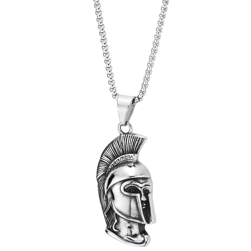 Spartan Warrior Helmet Necklace for Men, Steel Greek Soldier Pendant