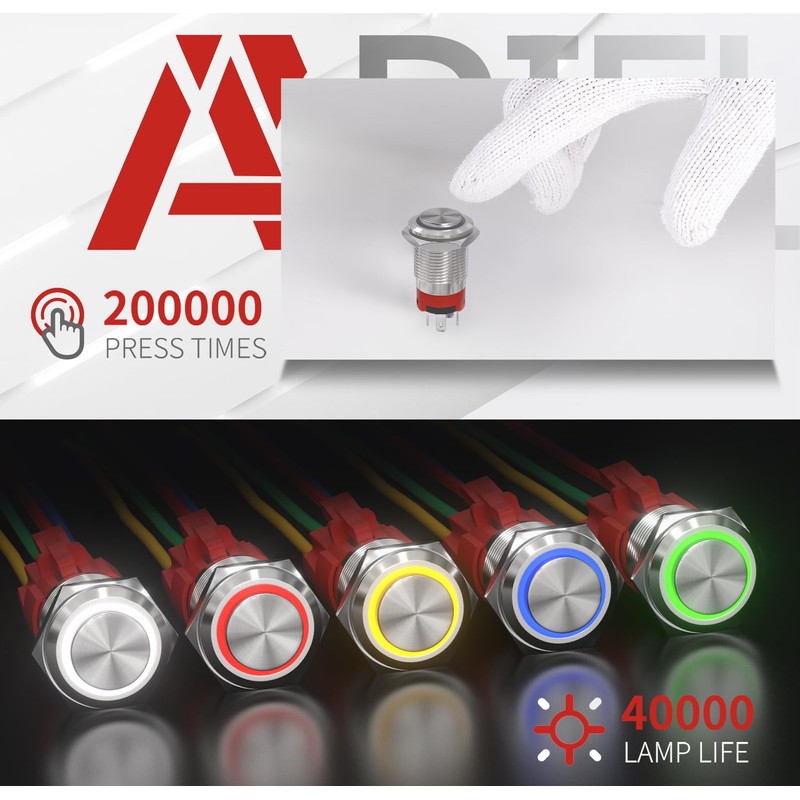 APIELE 16mm Push Button Switch Latching 12V On Off Stainless