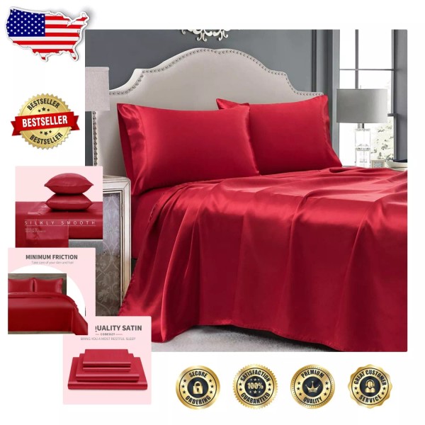 Silky Red Satin Bedding Set - Full Size Luxury Sheets
